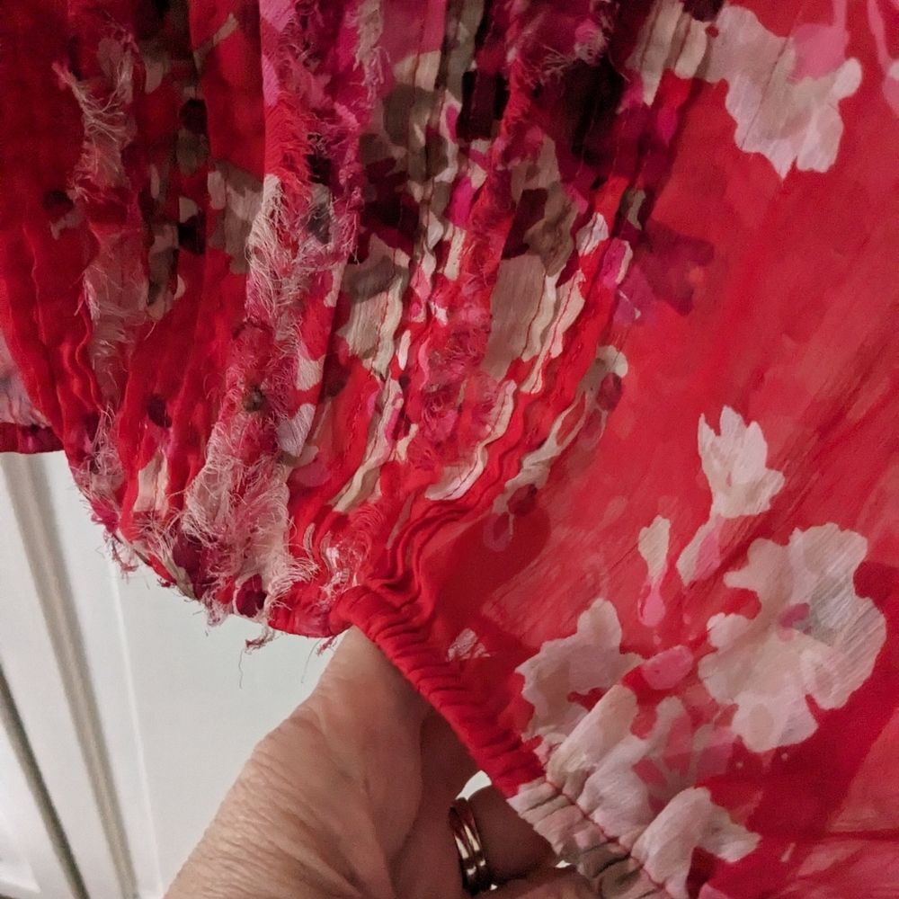 Express Womens sz M Boho Fuschia/Red/Pink Floral Sheer Top w/Ruffles Blouson - Picture 6 of 13